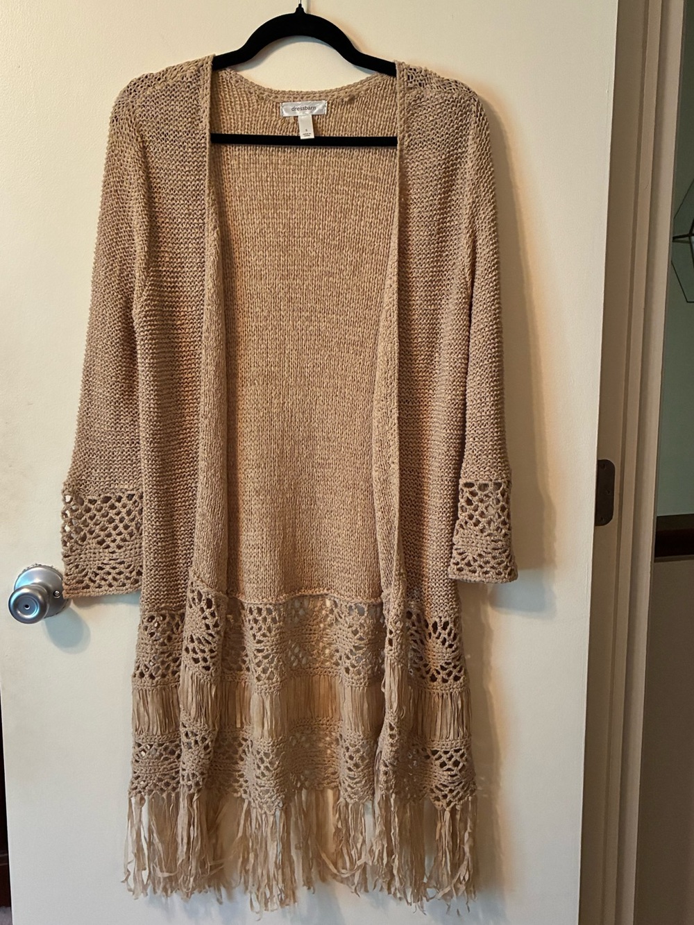 Dress Barn Open Front Crochet Fringe Duster Cardigan Beige Tan Boho 70s Vintage
